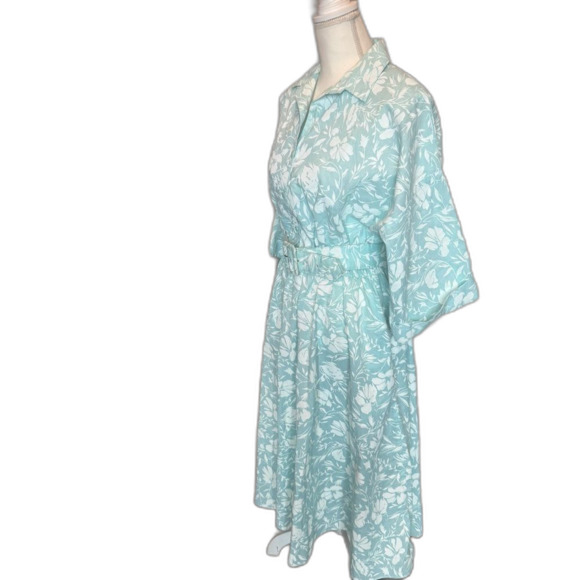 VTG The American Shirt Dress Aqua White Floral Belted Women’s 15/16 Vintage 80’s - Picture 3 of 10